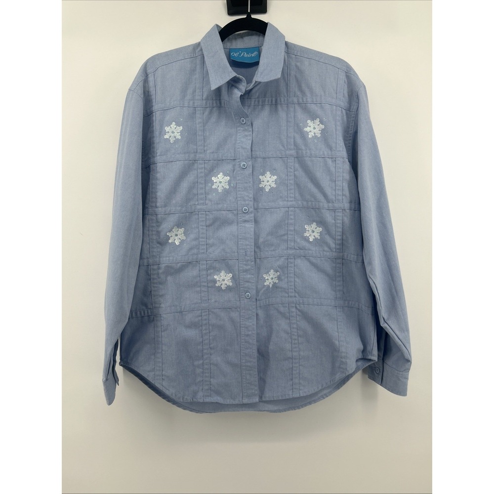 Vtg  Ol' Paint Snowflake Painted Cotton Denim Utility Button Down Shirt L Rustic